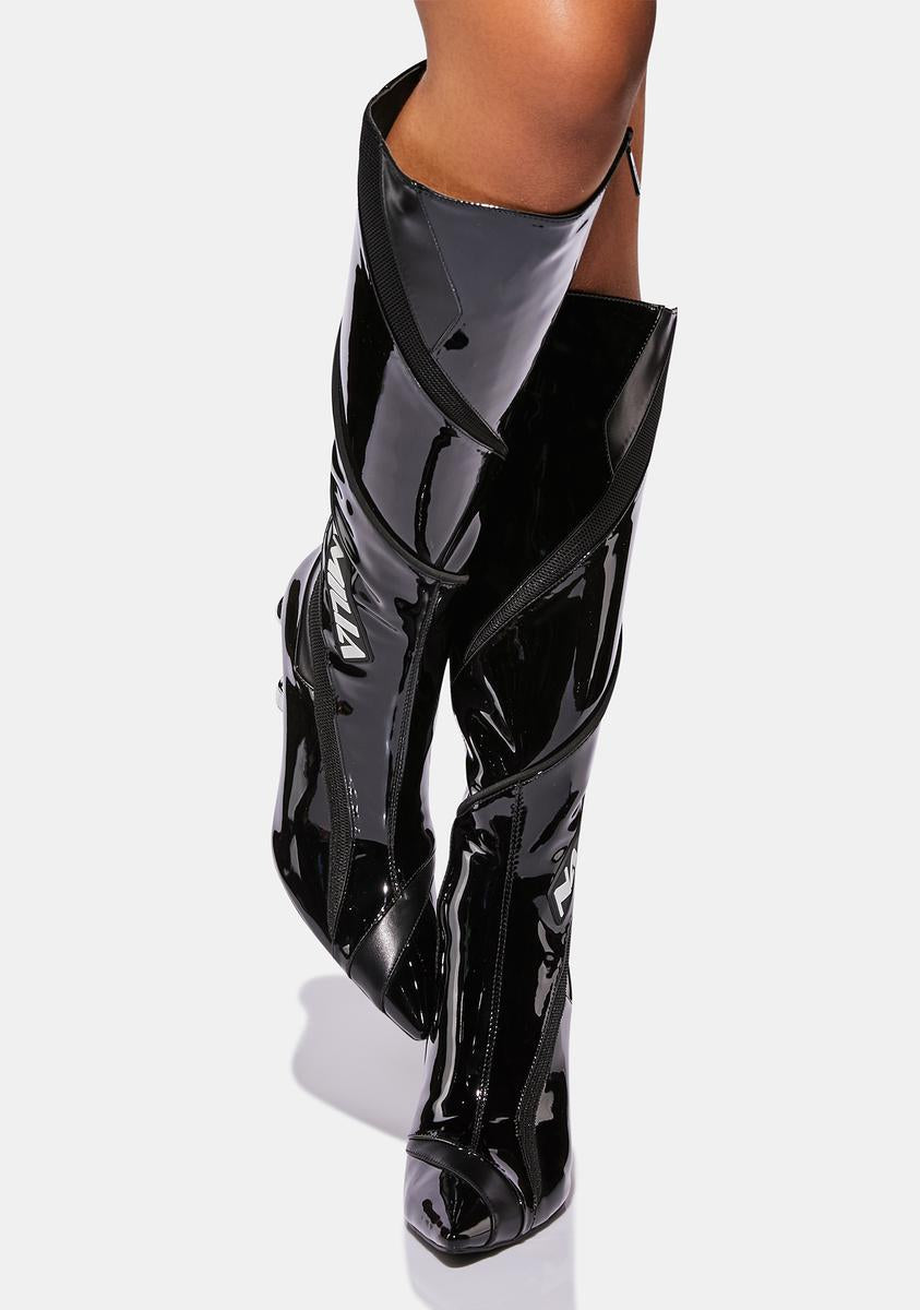 Black Patent Vegan Dick Heel Motocross Boots