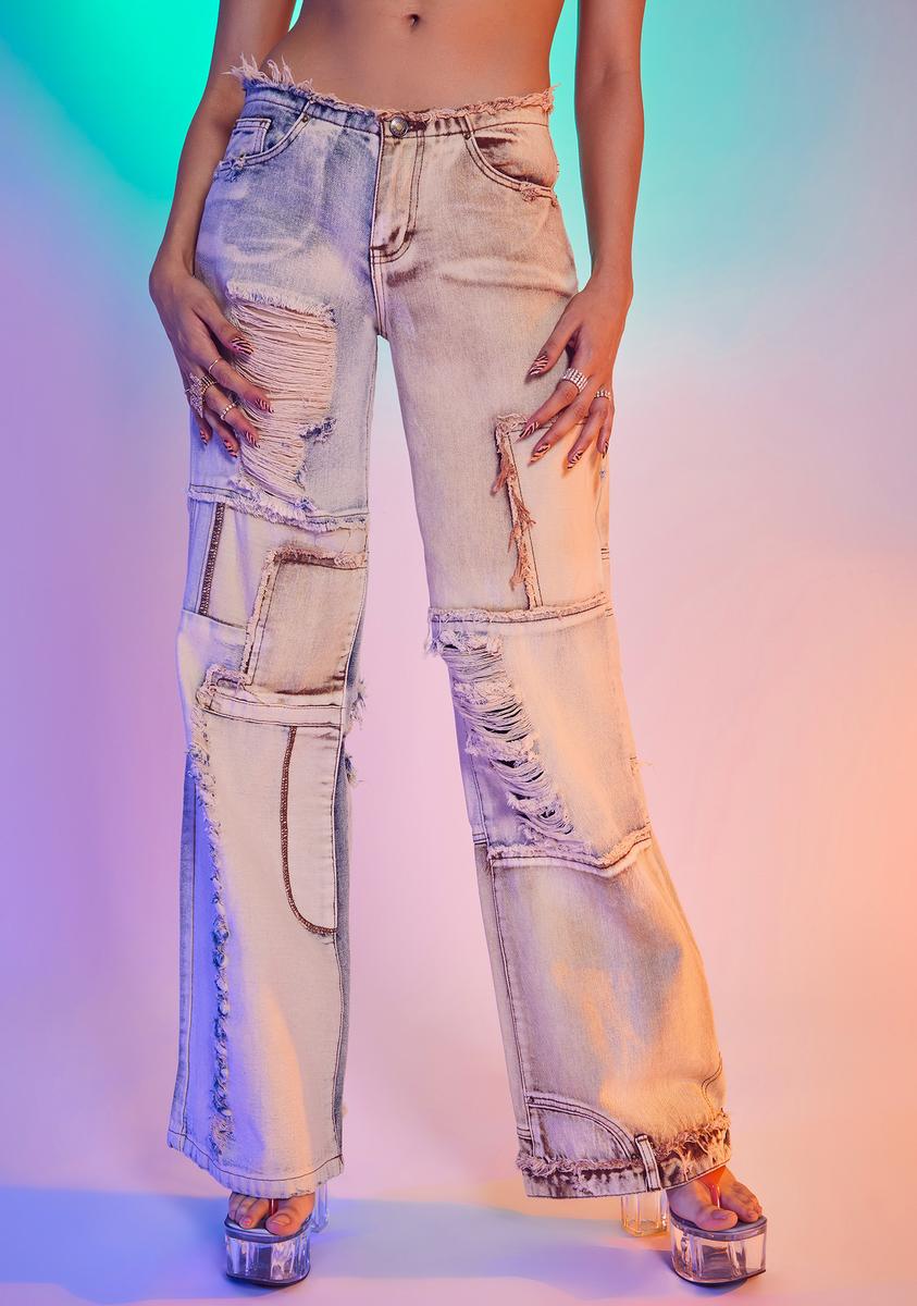 Brown Skater Fit Distressed Patchwork Denim Jeans